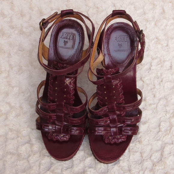 Frye 7 Wine Color Grace T Strap Sandal/Heels - Picture 2 of 6